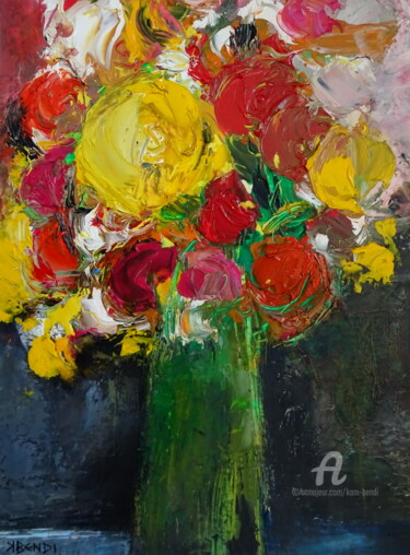 Painting titled "Bouquet 4 saisons" by Kam Bendi, Original Artwork, Oil Mounted on Cardboard