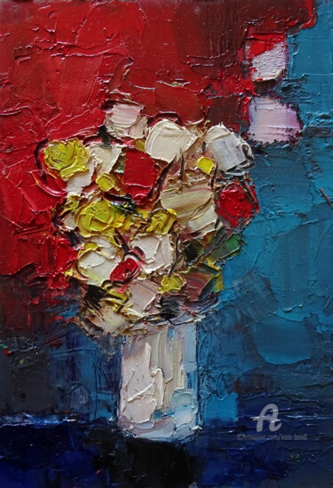 Painting titled "Petit bouquet" by Kam Bendi, Original Artwork, Oil Mounted on Cardboard