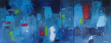 Peinture intitulée "La cité bleue (Trip…" par Kam Bendi, Œuvre d'art originale, Huile Monté sur Châssis en bois
