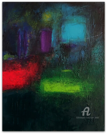 Painting titled "Une nuit fluorescen…" by Kam Bendi, Original Artwork, Oil Mounted on Cardboard