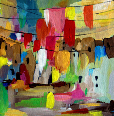 Schilderij getiteld "Scéne de vie colorée" door Kam Bendi, Origineel Kunstwerk, Acryl Gemonteerd op Karton