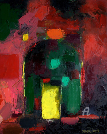 Painting titled "Porte jaune" by Kam Bendi, Original Artwork, Oil Mounted on Cardboard