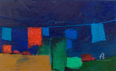 Pintura titulada "Rouge sur fil bleu" por Kam Bendi, Obra de arte original, Oleo Montado en Cartulina
