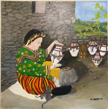 Painting titled "Potière kabyle" by Kamal Baxter, Original Artwork, Oil Mounted on Wood Stretcher frame