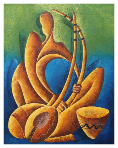 Malarstwo zatytułowany „“Joueur de cora”” autorstwa Kamba Mukeke, Oryginalna praca, Akryl Zamontowany na Drewniana rama noszy
