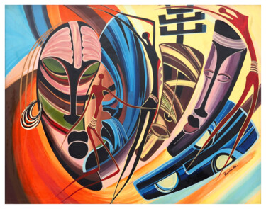 Pintura intitulada "“Masques en fête 2”" por Kamba Mukeke, Obras de arte originais, Acrílico Montado em Armação em madeira