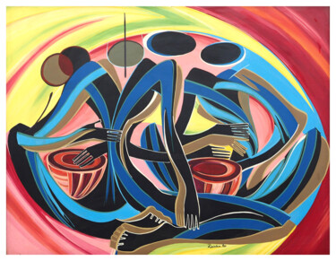 Malerei mit dem Titel "“Joueurs de tam-tam”" von Kamba Mukeke, Original-Kunstwerk, Acryl Auf Keilrahmen aus Holz montiert
