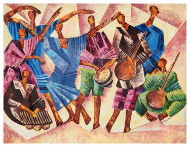 Картина под названием "“Fête au village”" - Kamba Mukeke, Подлинное произведение искусства, Акрил Установлен на Деревянная р…