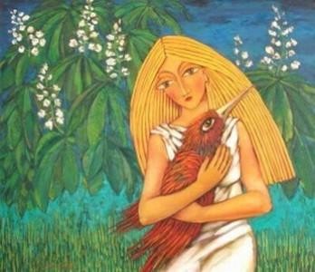 Painting titled "Girl with a Bird" by Sasho Kambourov, Original Artwork, Oil