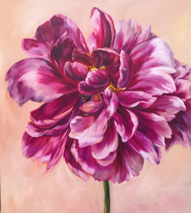 Painting titled "Pink peony" by Kamikama, Original Artwork, Oil Mounted on Wood Stretcher frame