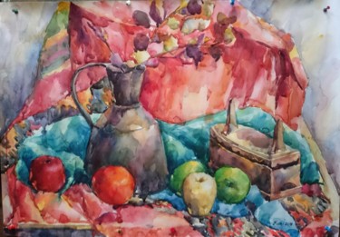 Painting titled "Still life " tradit…" by Kamikama, Original Artwork, Watercolor Mounted on Wood Stretcher frame