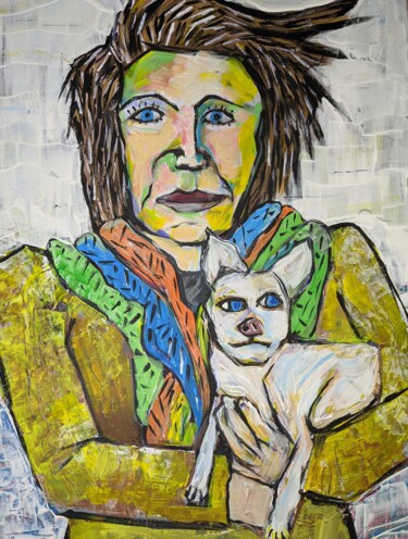Madame Étoile walking her dog Peinture intitulée "Madame Étoile walki…" par Ron Kammer, Œuvre d'art originale, Acrylique
