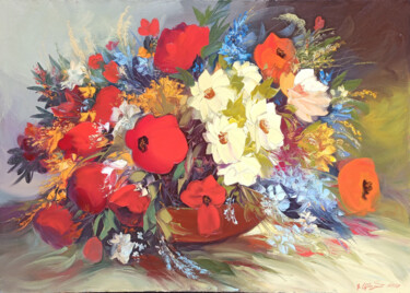 Painting titled "Red poppies (100x70…" by Kamo Atoyan, Original Artwork, Oil Mounted on Wood Stretcher frame