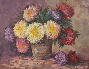 Картина под названием "Chrysanthemum-1 (90…" - Kamo Atoyan, Подлинное произведение искусства, Масло Установлен на Деревянная…
