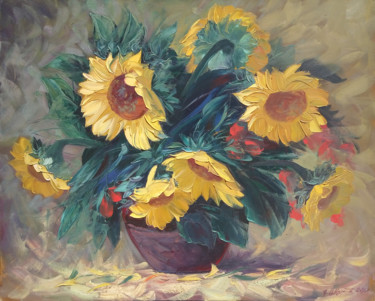 Painting titled "Sunflowers (100x80c…" by Kamo Atoyan, Original Artwork, Oil Mounted on Wood Stretcher frame