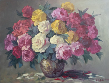 Painting titled "Roses (70x90cm, oil…" by Kamo Atoyan, Original Artwork, Oil Mounted on Wood Stretcher frame
