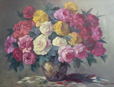 Peinture intitulée "Roses (70x90cm, oil…" par Kamo Atoyan, Œuvre d'art originale, Huile Monté sur Châssis en bois