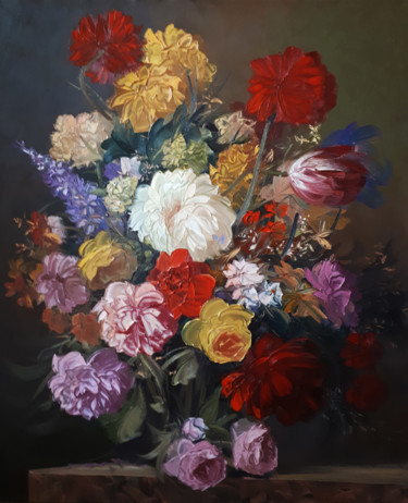 Painting titled "Still life flowers…" by Kamo Atoyan, Original Artwork, Oil Mounted on Wood Stretcher frame