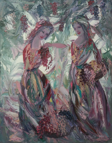 Painting titled "In the vineyard (90…" by Kamo Atoyan, Original Artwork, Oil Mounted on Wood Stretcher frame