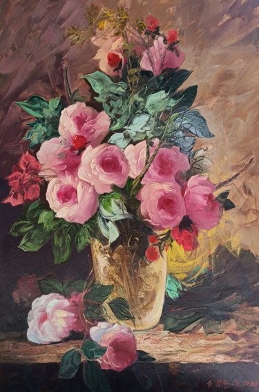 Painting titled "Still life pink ros…" by Kamo Atoyan, Original Artwork, Oil Mounted on Wood Stretcher frame