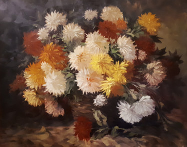 Painting titled "Chrysanthemum Casca…" by Kamo Atoyan, Original Artwork, Oil Mounted on Wood Stretcher frame