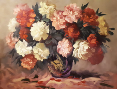 Painting titled "Peonies (100x80cm,…" by Kamo Atoyan, Original Artwork, Oil Mounted on Wood Stretcher frame