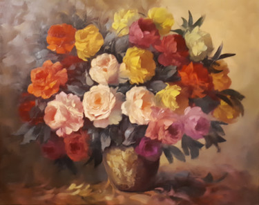 Painting titled "Roses-2 (100x80cm,…" by Kamo Atoyan, Original Artwork, Oil Mounted on Wood Stretcher frame