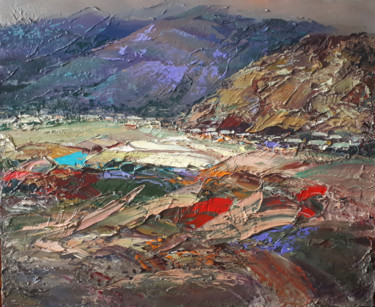 Painting titled "Village on the moun…" by Kamo Atoyan, Original Artwork, Oil Mounted on Wood Stretcher frame