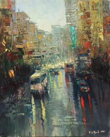 Painting titled "Lights of city (50x…" by Kamo Atoyan, Original Artwork, Oil Mounted on Wood Stretcher frame