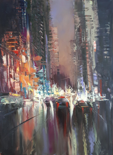 Painting titled "Lights of city-1 (4…" by Kamo Atoyan, Original Artwork, Oil Mounted on Wood Stretcher frame