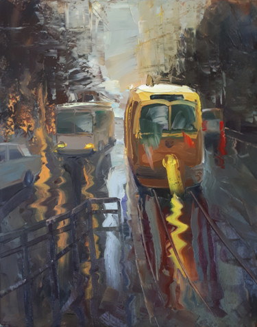 Painting titled "Rainy cityscape (40…" by Kamo Atoyan, Original Artwork, Oil Mounted on Wood Stretcher frame