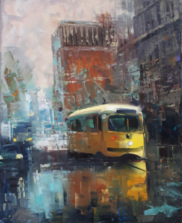 Painting titled "Yellow tram (40x50c…" by Kamo Atoyan, Original Artwork, Oil Mounted on Wood Stretcher frame