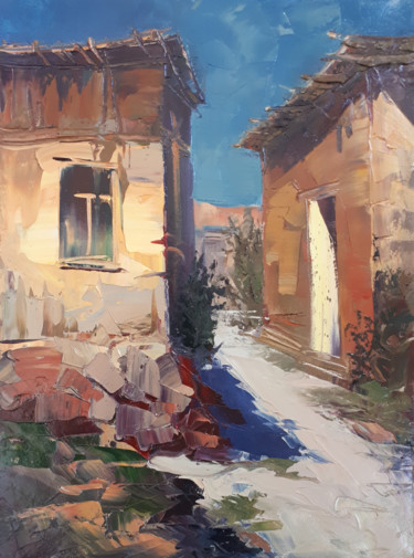 Painting titled "Rural houses (30x40…" by Kamo Atoyan, Original Artwork, Oil Mounted on Wood Stretcher frame