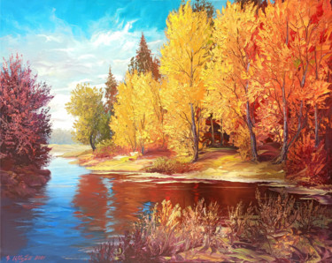 Painting titled "Autumn forest (80x1…" by Kamo Atoyan, Original Artwork, Oil Mounted on Wood Stretcher frame