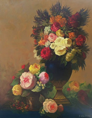 Painting titled "Colorful roses (100…" by Kamo Atoyan, Original Artwork, Oil Mounted on Wood Stretcher frame