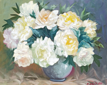 Painting titled "White peonies (60x8…" by Kamo Atoyan, Original Artwork, Oil Mounted on Wood Stretcher frame