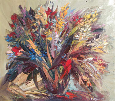 Painting titled "Abstract flowers (8…" by Kamo Atoyan, Original Artwork, Oil Mounted on Wood Stretcher frame