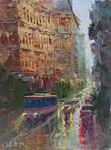 Painting titled "Street of city (50x…" by Kamo Atoyan, Original Artwork, Oil Mounted on Wood Stretcher frame