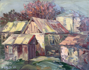 Painting titled "Rural houses (40x50…" by Kamo Atoyan, Original Artwork, Oil Mounted on Wood Stretcher frame
