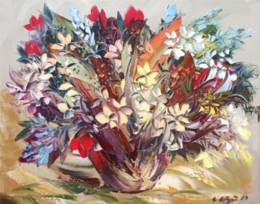 Painting titled "Abstract flowers" by Kamo Atoyan, Original Artwork, Oil Mounted on Wood Stretcher frame