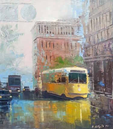 Pittura intitolato "Yellow tram" da Kamo Atoyan, Opera d'arte originale, Olio Montato su Telaio per barella in legno