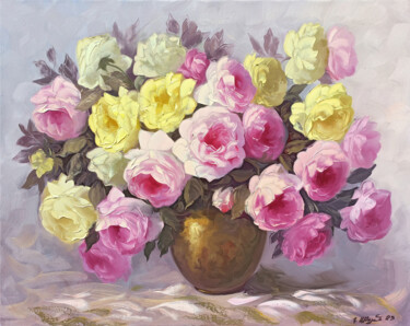 Painting titled "Pink and yellow ros…" by Kamo Atoyan, Original Artwork, Oil Mounted on Wood Stretcher frame