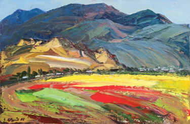 Painting titled "Landscape - mountai…" by Kamo Atoyan, Original Artwork, Oil Mounted on Wood Stretcher frame