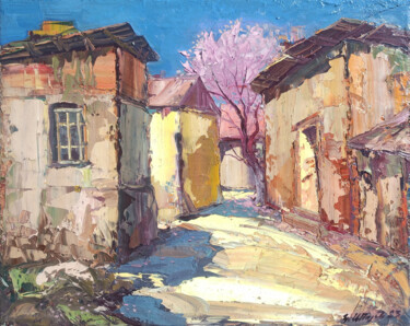 Painting titled "Rural street" by Kamo Atoyan, Original Artwork, Oil Mounted on Wood Stretcher frame