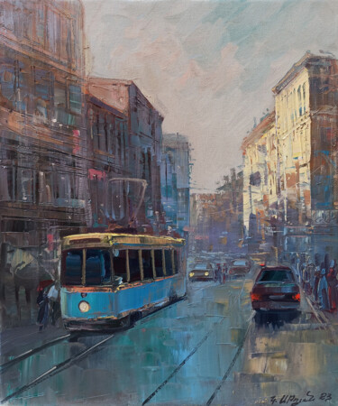 Painting titled "Cityscape with blue…" by Kamo Atoyan, Original Artwork, Oil Mounted on Wood Stretcher frame