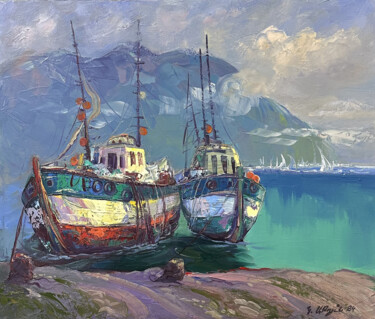 Painting titled "HARBOR'S REPOSE" by Kamo Atoyan, Original Artwork, Oil Mounted on Wood Stretcher frame