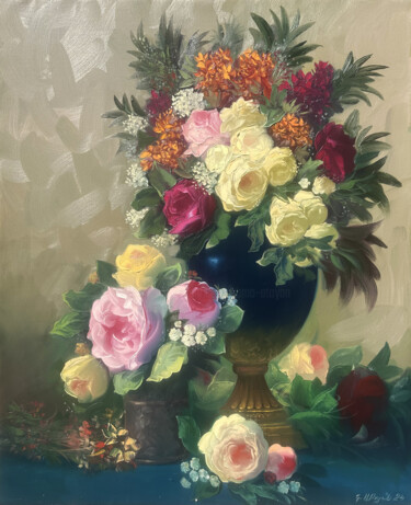 Painting titled "Vase of Velveteen R…" by Kamo Atoyan, Original Artwork, Oil Mounted on Wood Stretcher frame