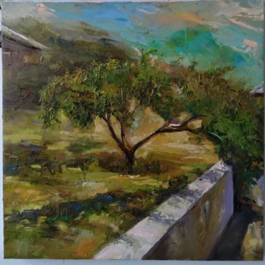 Painting titled "Peach tree 42x42cm,…" by Kamsar Ohanyan, Original Artwork, Oil Mounted on Wood Stretcher frame