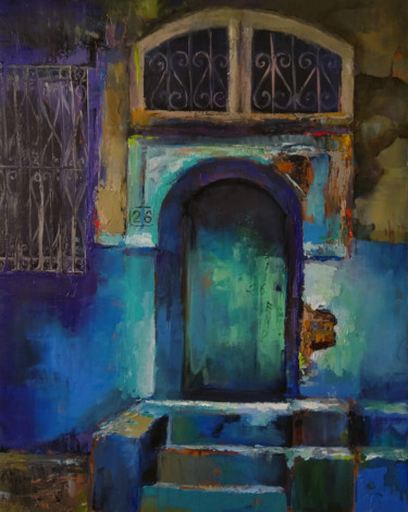 Painting titled "Blue door (40x50cm,…" by Kamsar Ohanyan, Original Artwork, Oil Mounted on Wood Stretcher frame