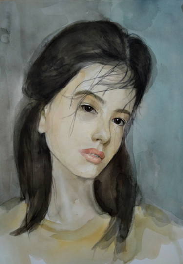 Pintura intitulada "Watercolor portrait…" por Kamsar Ohanyan, Obras de arte originais, Aquarela